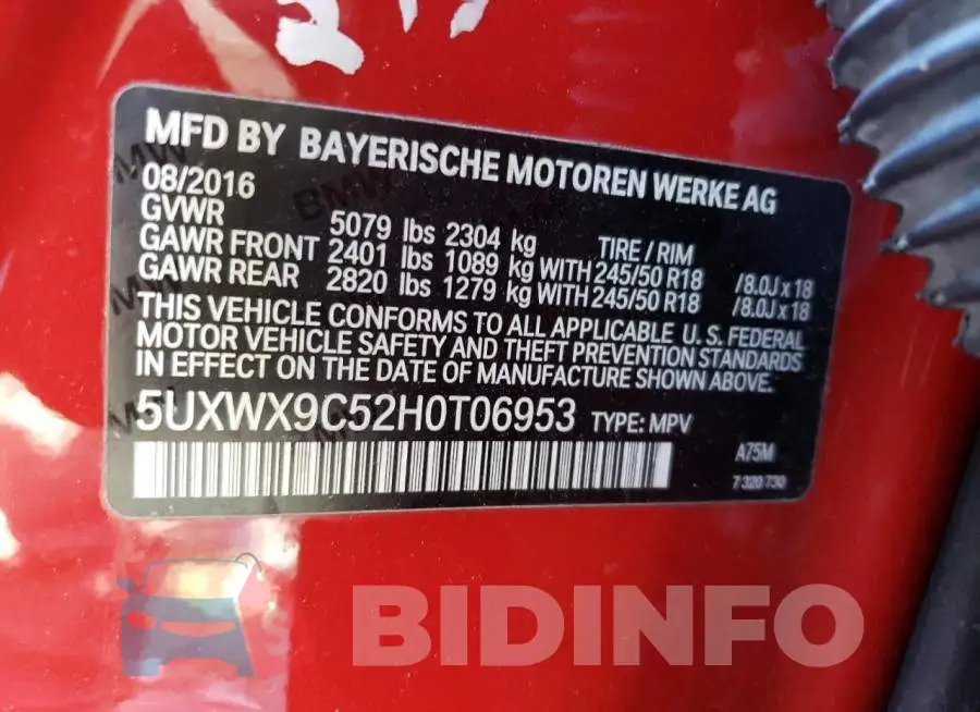 5UXWX9C52H0T06953 Photo# 13