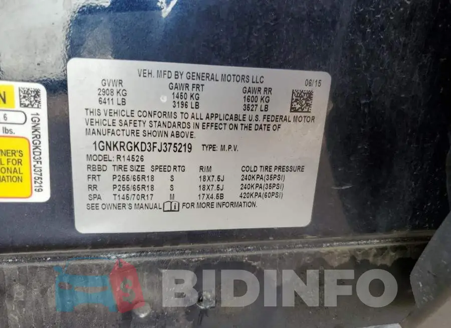 1GNKRGKD3FJ375219 Photo# 13