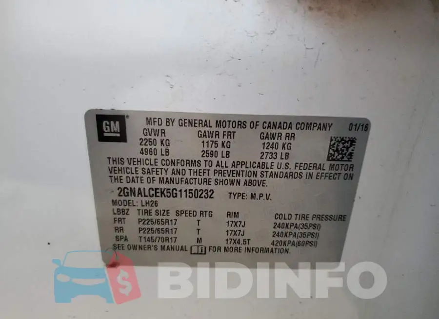 2GNALCEK5G1150232 Photo# 10