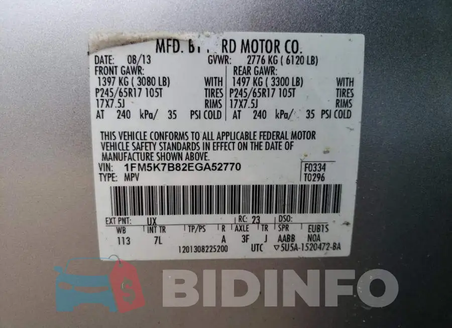 1FM5K7B82EGA52770 Photo# 10