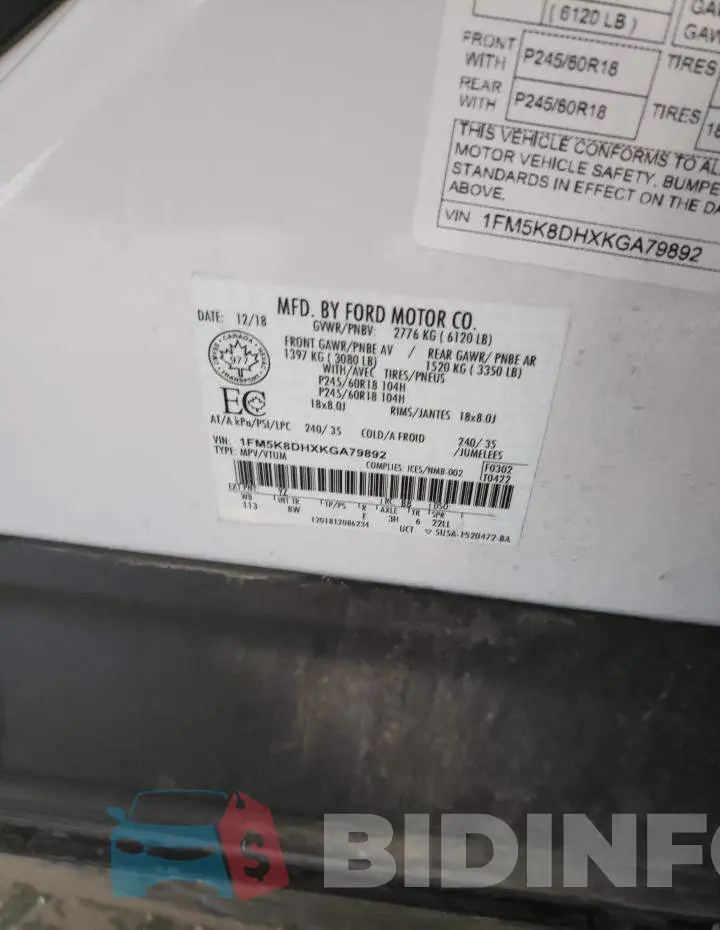 1FM5K8DHXKGA79892 Photo# 14