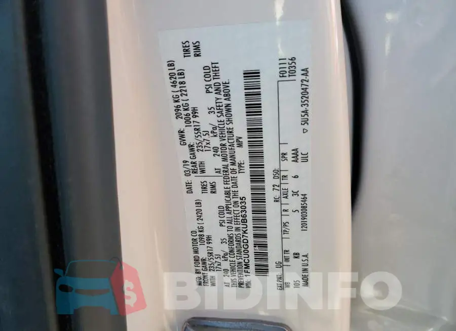 1FMCU0GD7KUB63035 Photo# 12