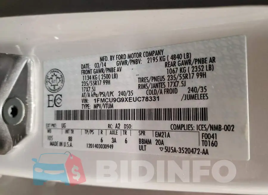 1FMCU9G9XEUC78331 Photo# 13