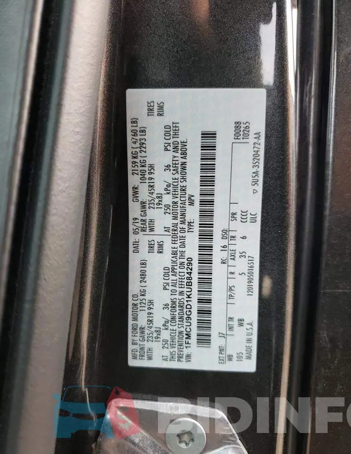 1FMCU9GD1KUB84290 Photo# 14