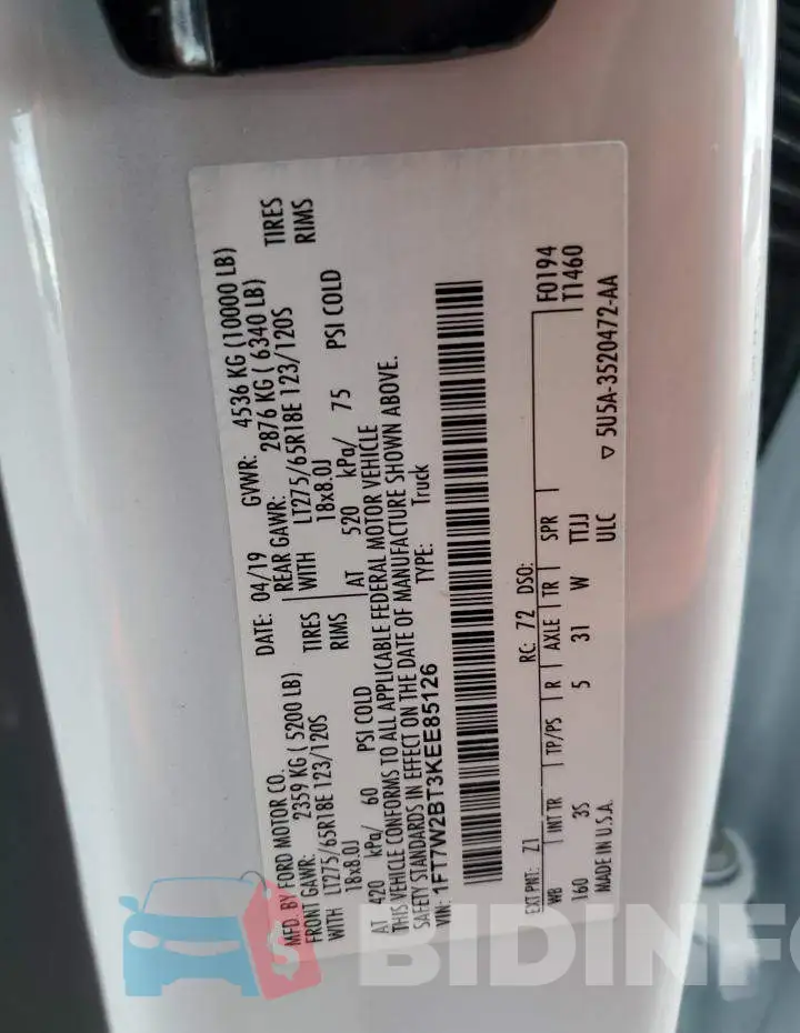 1FT7W2BT3KEE85126 Photo# 12