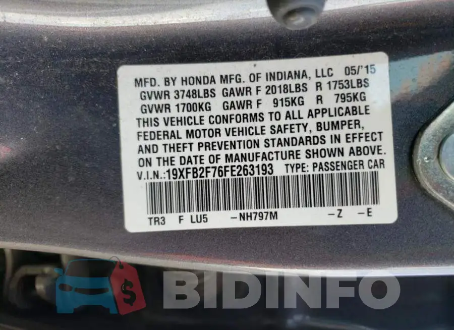 19XFB2F76FE263193 Photo# 12