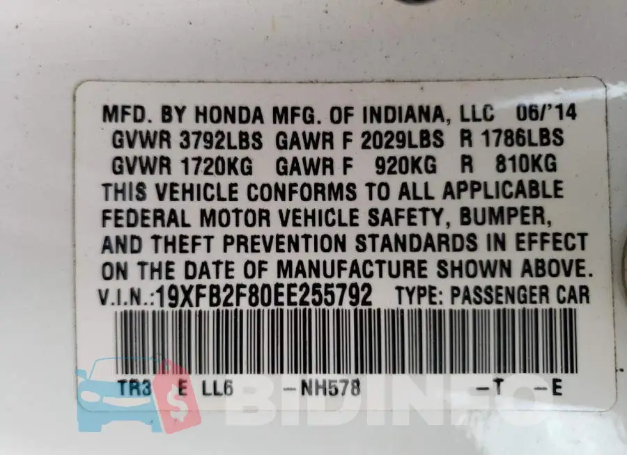 19XFB2F80EE255792 Photo# 12