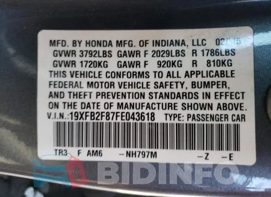19XFB2F87FE043618 Photo# 12