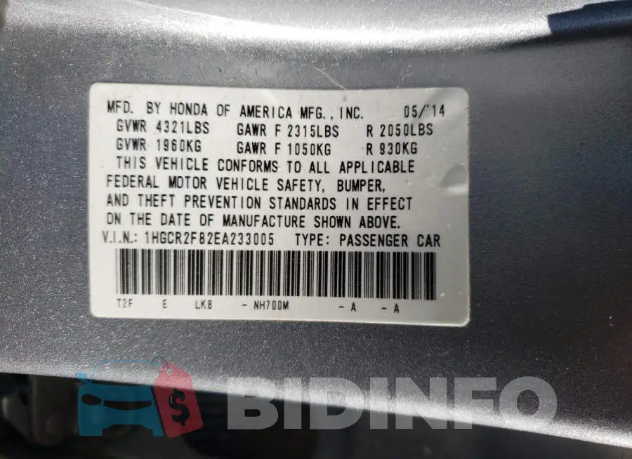 1HGCR2F82EA233005 Photo# 12