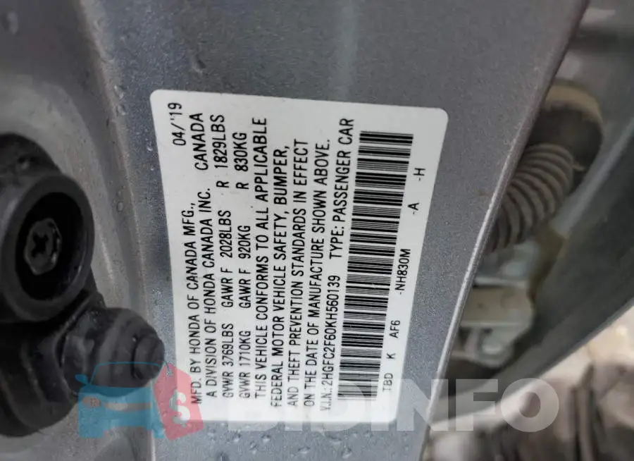 2HGFC2F60KH560139 Photo# 12