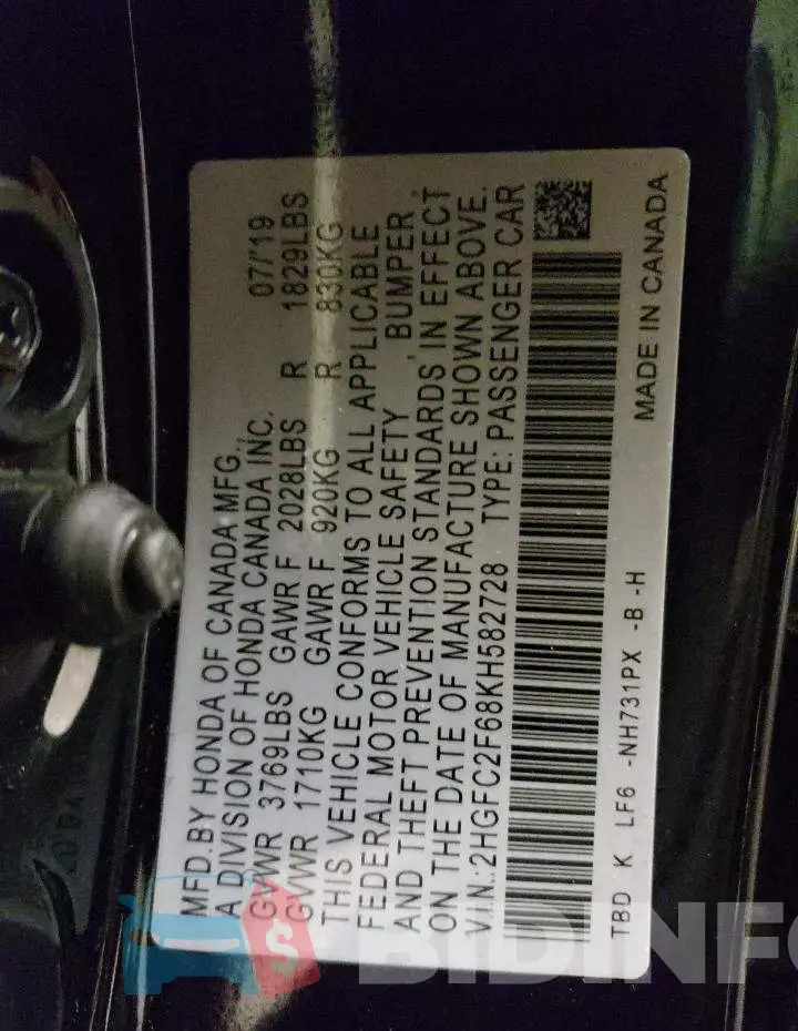 2HGFC2F68KH582728 Photo# 13