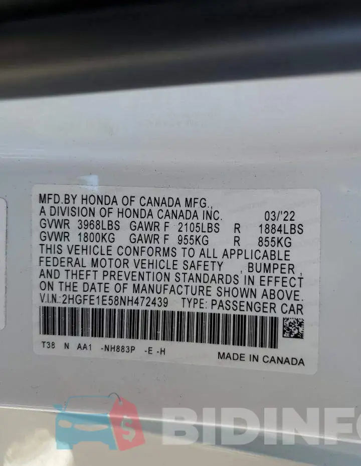 2HGFE1E58NH472439 Photo# 13