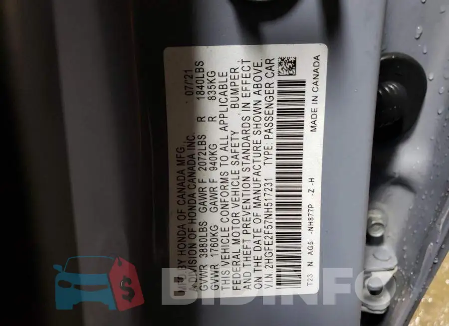 2HGFE2F57NH517231 Photo# 12