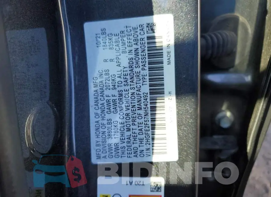2HGFE2F57NH540492 Photo# 12