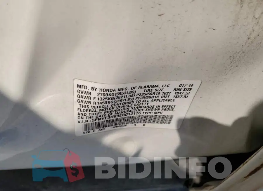 5FNYF3H99EB012176 Photo# 10