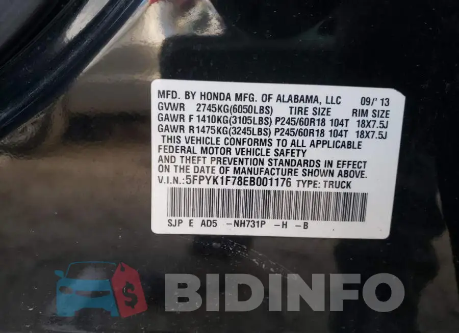 5FPYK1F78EB001176 Photo# 13