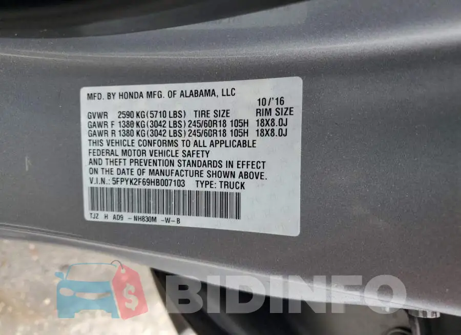 5FPYK2F69HB007103 Photo# 13