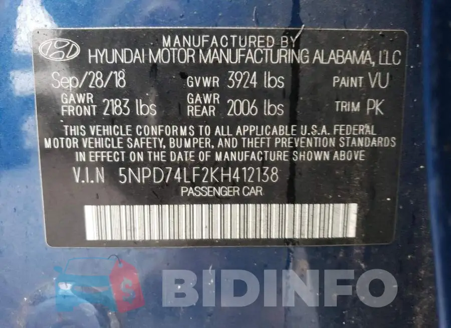 5NPD74LF2KH412138 Photo# 12