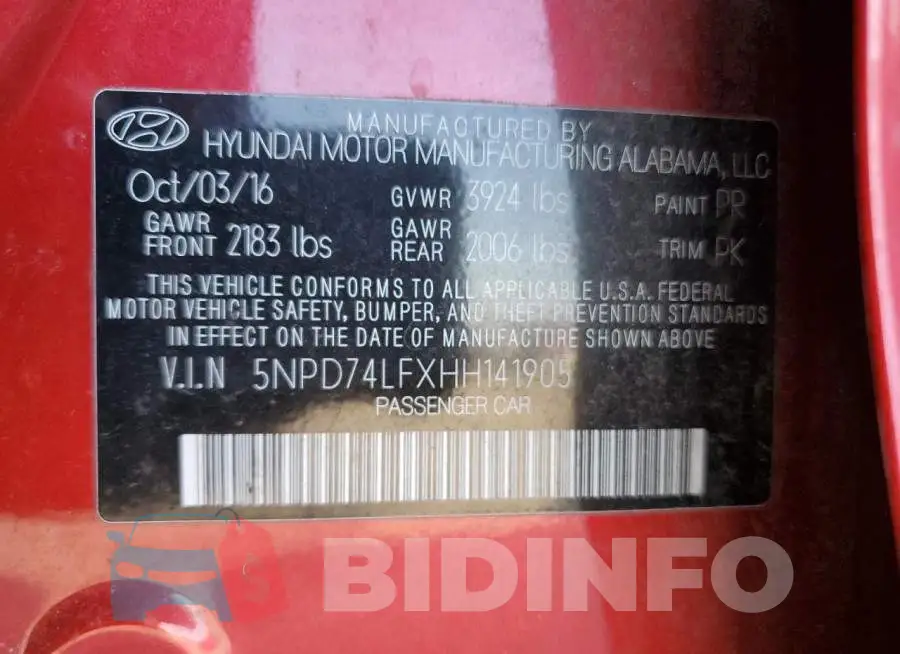 5NPD74LFXHH141905 Photo# 10