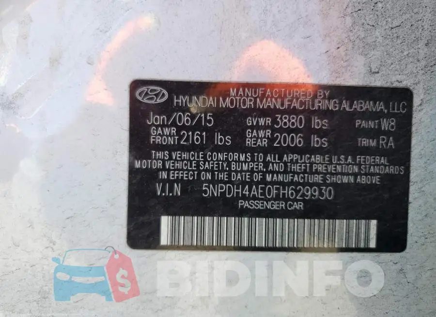 5NPDH4AE0FH629930 Photo# 12