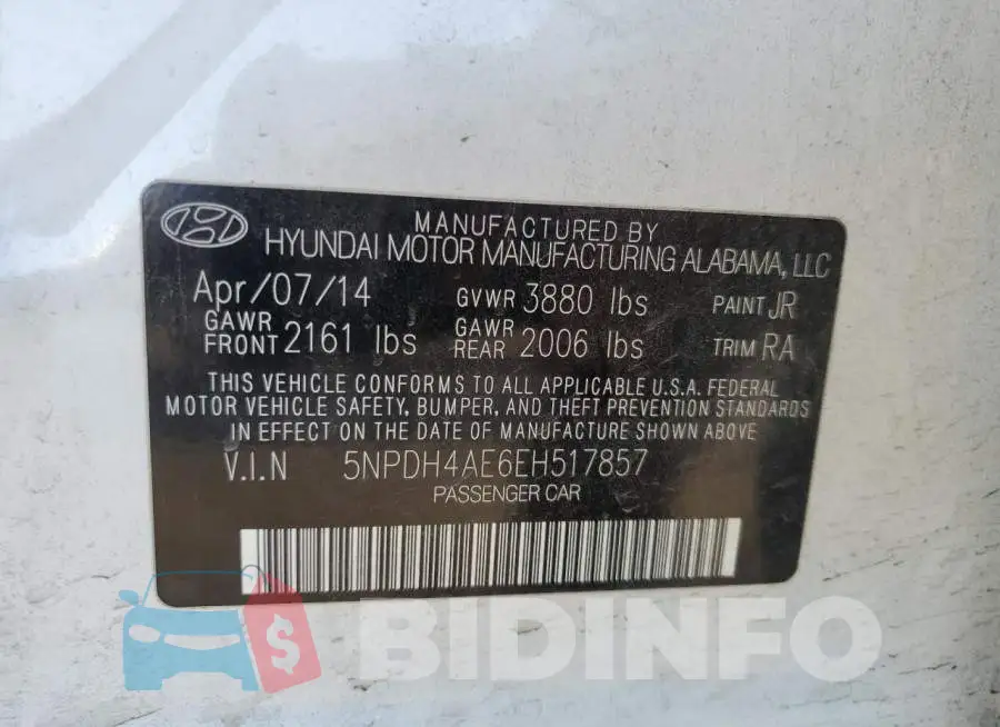5NPDH4AE6EH517857 Photo# 10