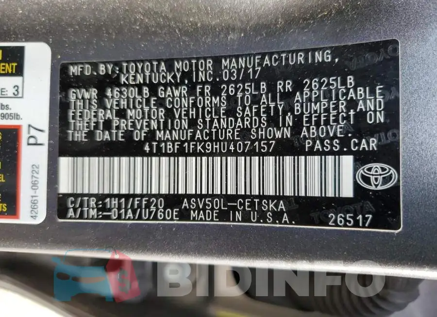 4T1BF1FK9HU407157 Photo# 12