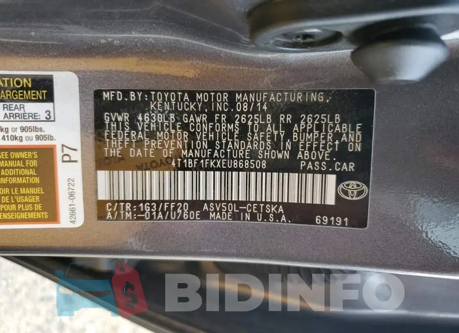 4T1BF1FKXEU868508 Photo# 13