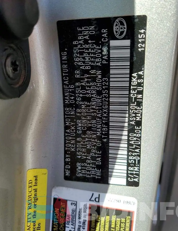 4T1BF1FKXGU235123 Photo# 12