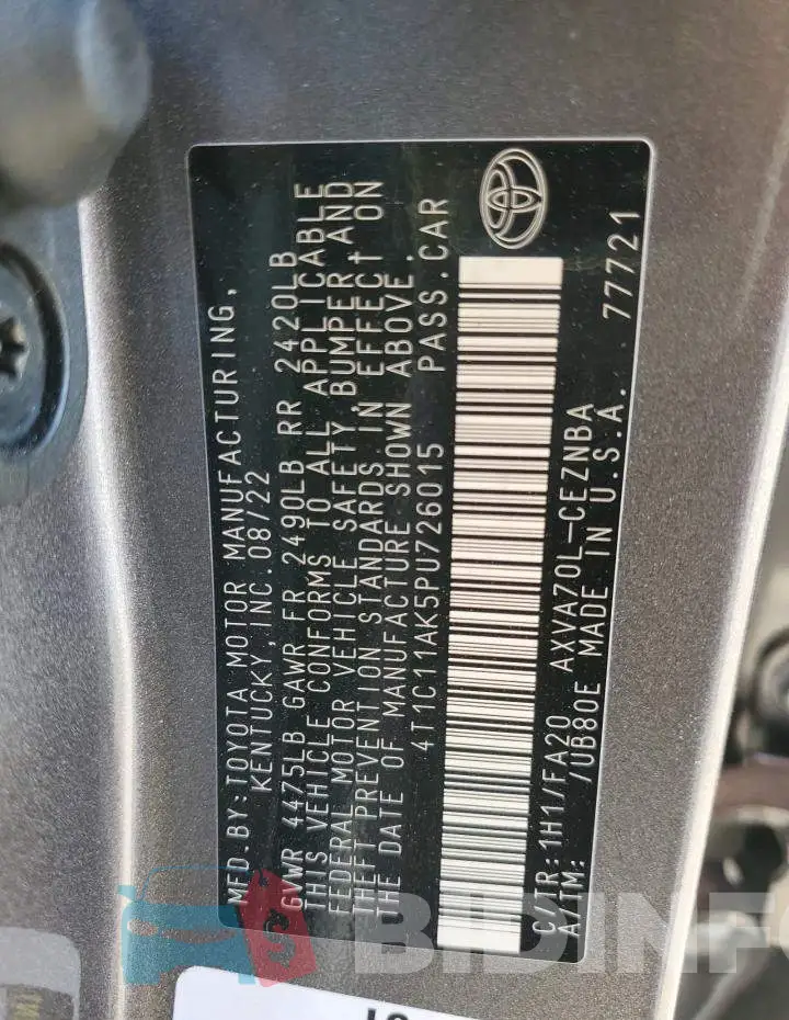 4T1C11AK5PU726015 Photo# 10
