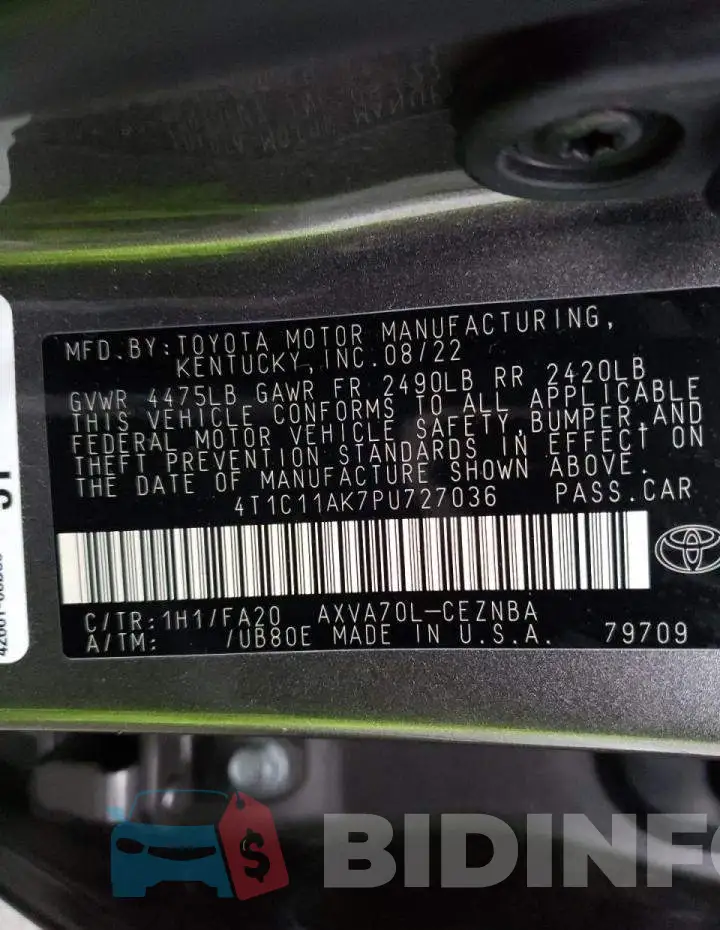 4T1C11AK7PU727036 Photo# 12