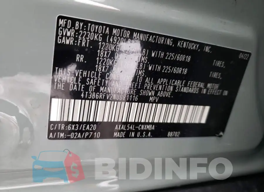 4T3B6RFV2NU081116 Photo# 12