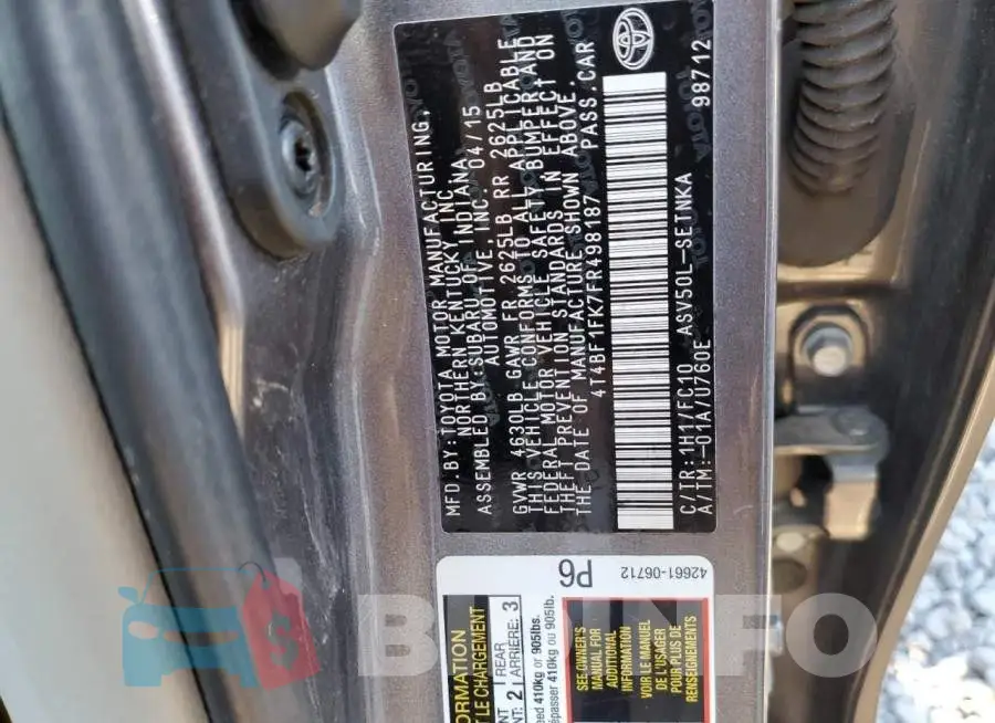 4T4BF1FK7FR498187 Photo# 12