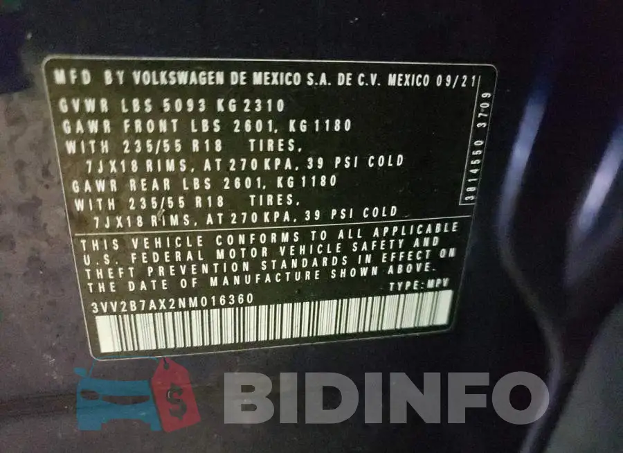3VV2B7AX2NM016360 Photo# 14