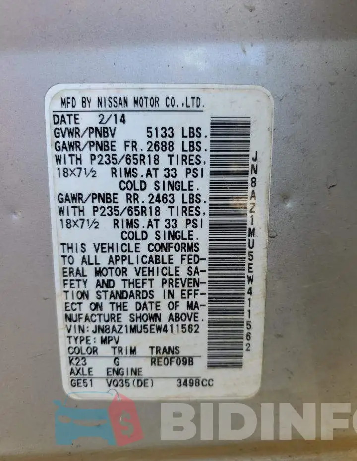 JN8AZ1MU5EW411562 Photo# 14