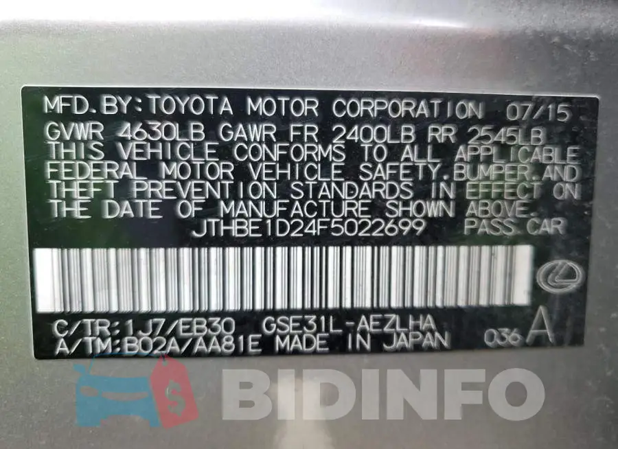 JTHBE1D24F5022699 Photo# 13
