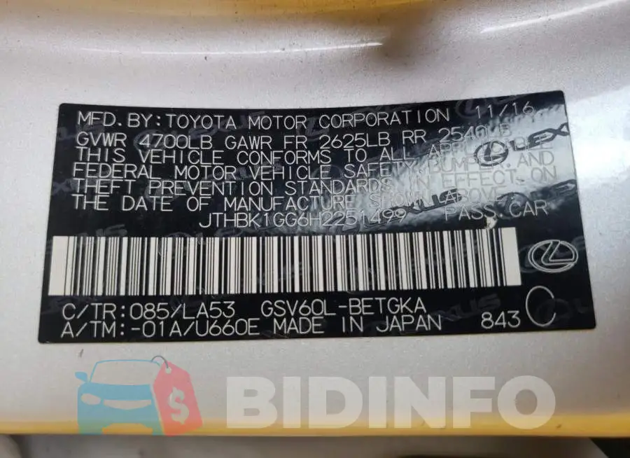 JTHBK1GG6H2251499 Photo# 12