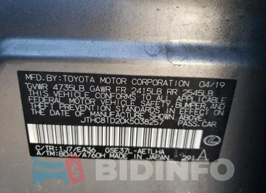 JTHC81D20K5038257 Photo# 12
