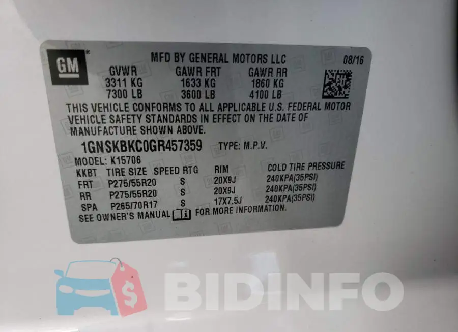 1GNSKBKC0GR457359 Photo# 13