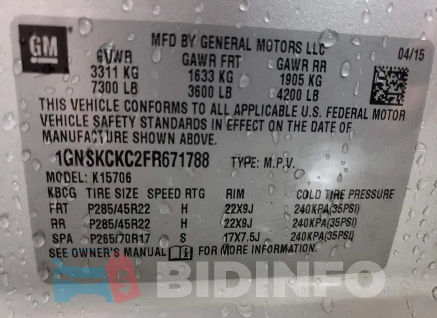 1GNSKCKC2FR671788 Photo# 14