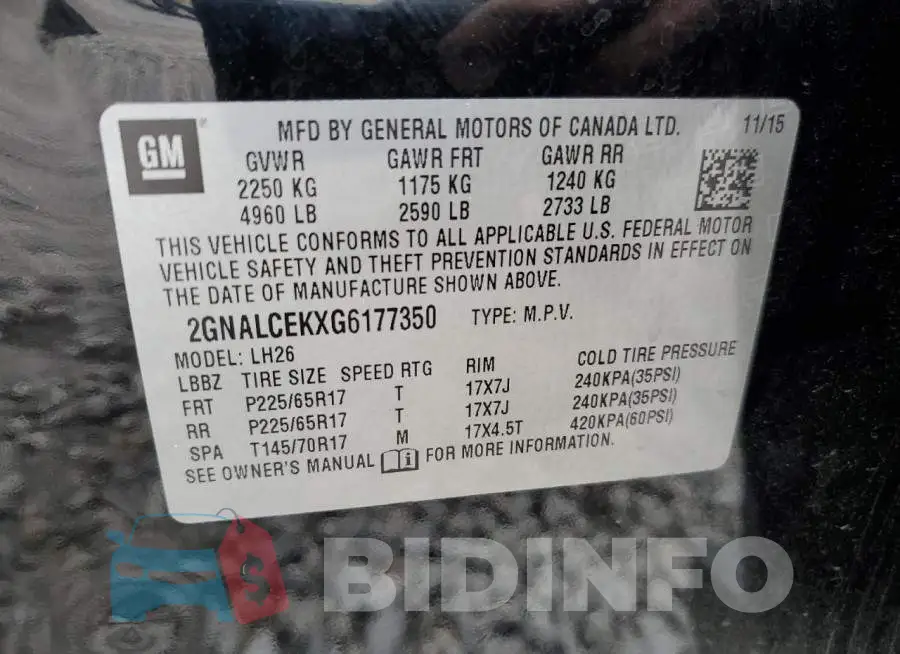 2GNALCEKXG6177350 Photo# 13