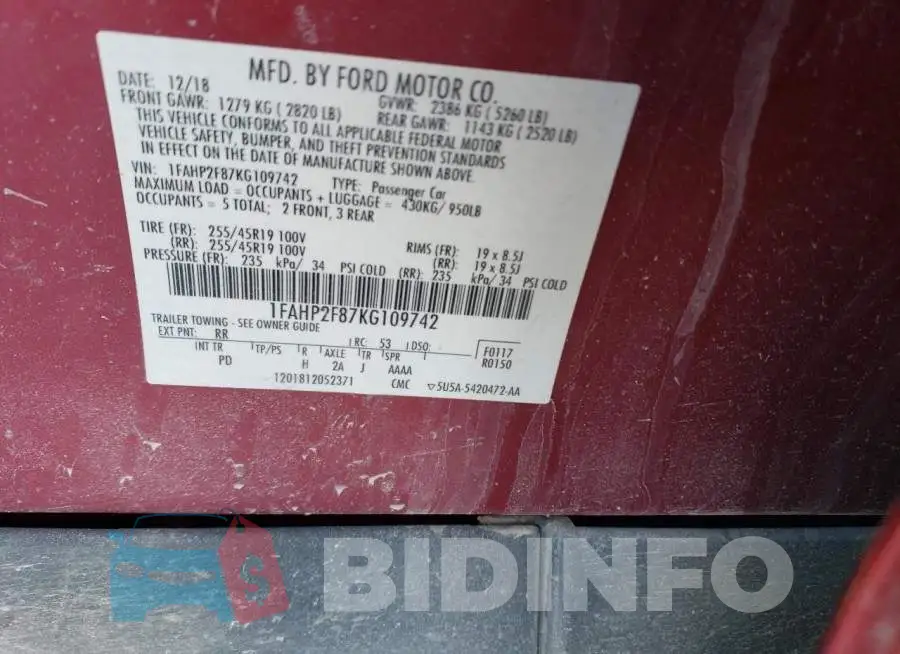 1FAHP2F87KG109742 Photo# 12