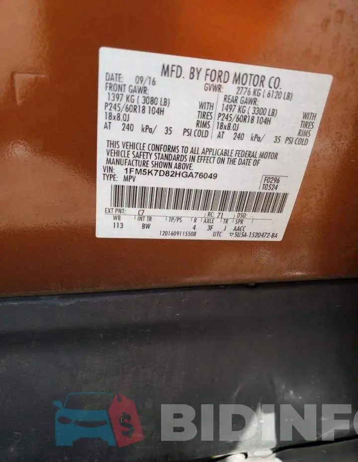 1FM5K7D82HGA76049 Photo# 14