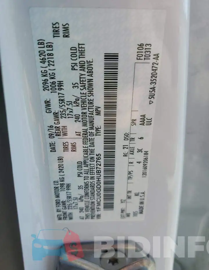 1FMCU0GD0HUB72765 Photo# 12