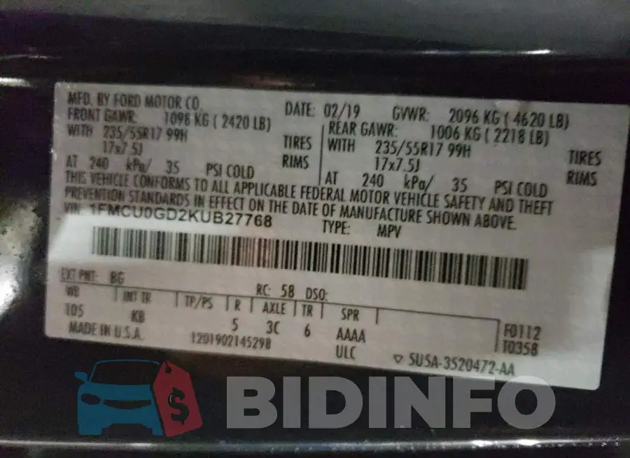1FMCU0GD2KUB27768 Photo# 14