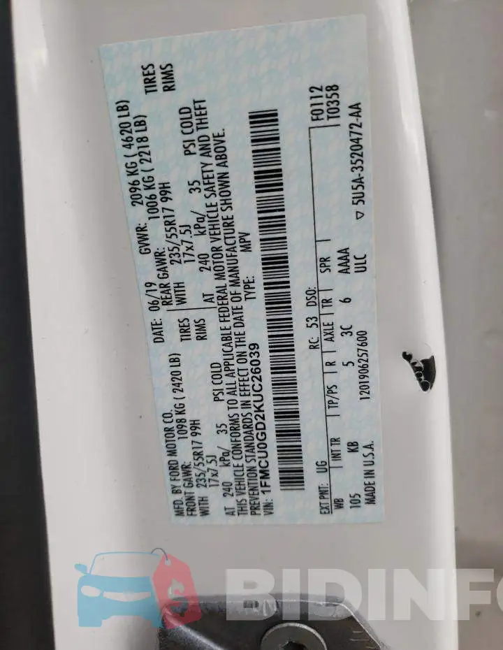 1FMCU0GD2KUC26039 Photo# 13