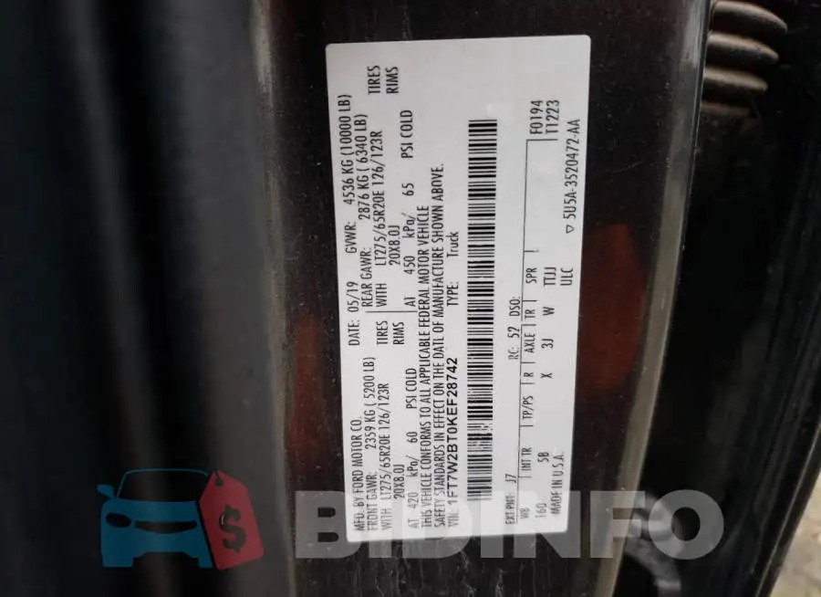 1FT7W2BT0KEF28742 Photo# 13