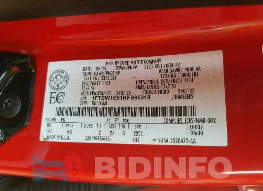 1FTEW1E51KFB85318 Photo# 10