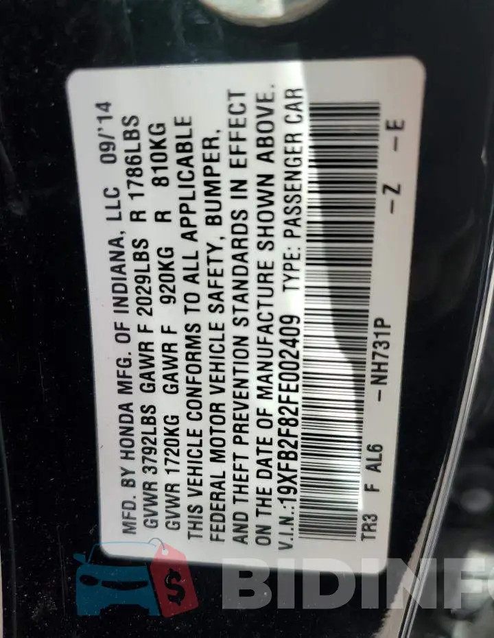 19XFB2F82FE002409 Photo# 12