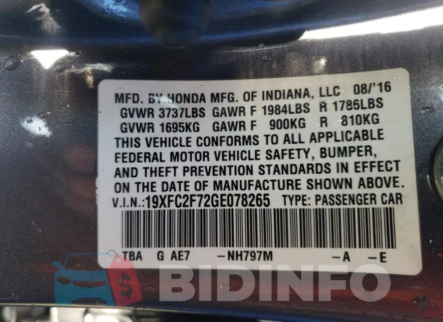 19XFC2F72GE078265 Photo# 12
