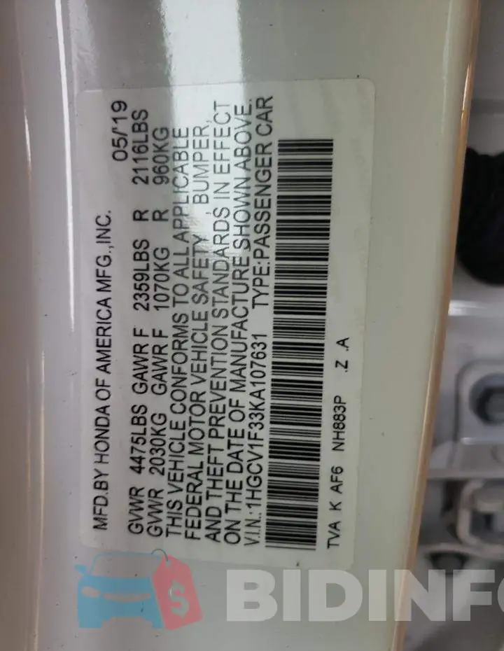 1HGCV1F33KA107631 Photo# 10